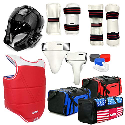 AAMA Complete Taekwondo Sparring Protective Gear Equipment Set w/ Shin Guard - Black