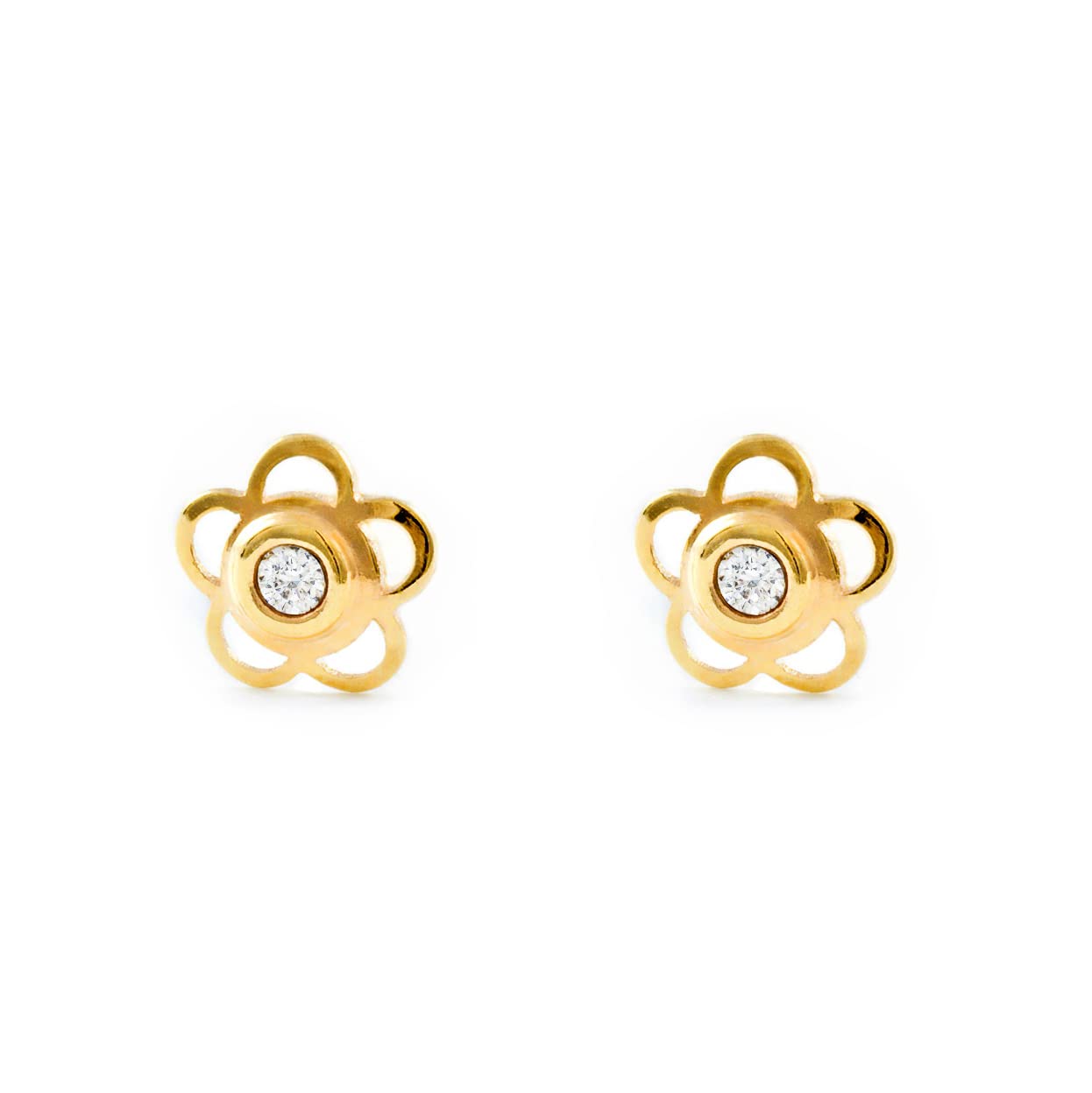 Monde Petit Pendientes Bebe o Niña Oro Flor 5 Petalos con Circonitas (9kts) - Estuche Regalo - Certificado de Garantía - Mondepetit
