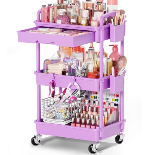 Image of Goovilla Rolling Makeup Organizer Cart with Removable Drawer, 3 Tier Stable Purple Floor Skincare Storage Cart for Vanity, Cosmetic Display, Nail Polish, Perfume, Hair Stuff, Beauty, Bathroom(Plastic)