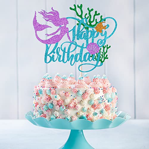 Bejotaa Mermaid Unde Happy Birthday Cake Topper,With Seaweed Mermaid Themed Birthday Cake Decorations Toppers For Girls Baby Shower Party Supplies,Under The Sea Themed Party Supplies #TOP2
