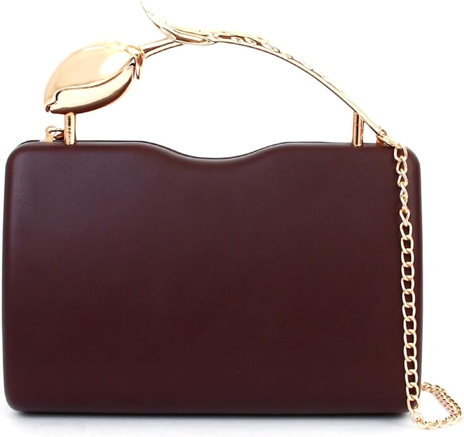 PU Leather Clutch Purse Rose Shaped Handle Evening Bag Unique Crossbody Handbag for Party Wedding Prom