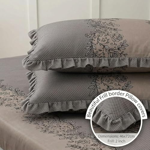 Image of King Size Fitted Bedsheet with 2 Frill Pillow Covers (Coffeefrill, King Size - 72x78 Inch)