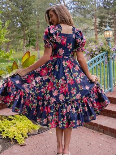 Image of Shasmi Women's Navy Blue Georgette Digital Floral Printed Floral Printing Short Sleeve A-Line Maxi Gown Dress for Women (Gown Dress 248)