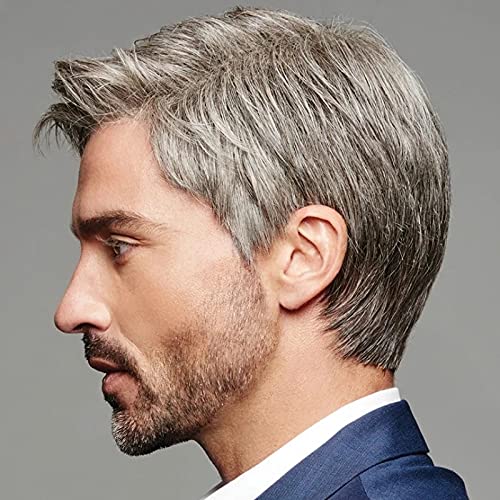 Dke&Ymq Gray-Brown Wig, Fluffy And Realistic Black-Brown Mens Wig, Natural Hair Quality, Suitable For Middle-Aged And Elderly People In Any Scene #TOP3