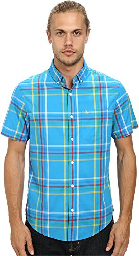 Original Penguin Men's Multicolor Picnic Plaid Woven Short Sleeve Heritage Shirt, Diva Blue, Medium