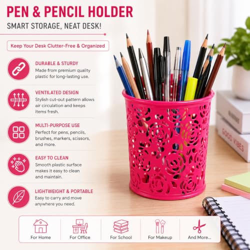 Image of Metal Mesh Pen Stand for Office & Home Desk | Black Stationery Holder Organizer for Pens, Pencils, Markers, Makeup Brushes | Durable Round Wire Mesh Pen Stand (Pack of 1) (Floral-Dark Pink)