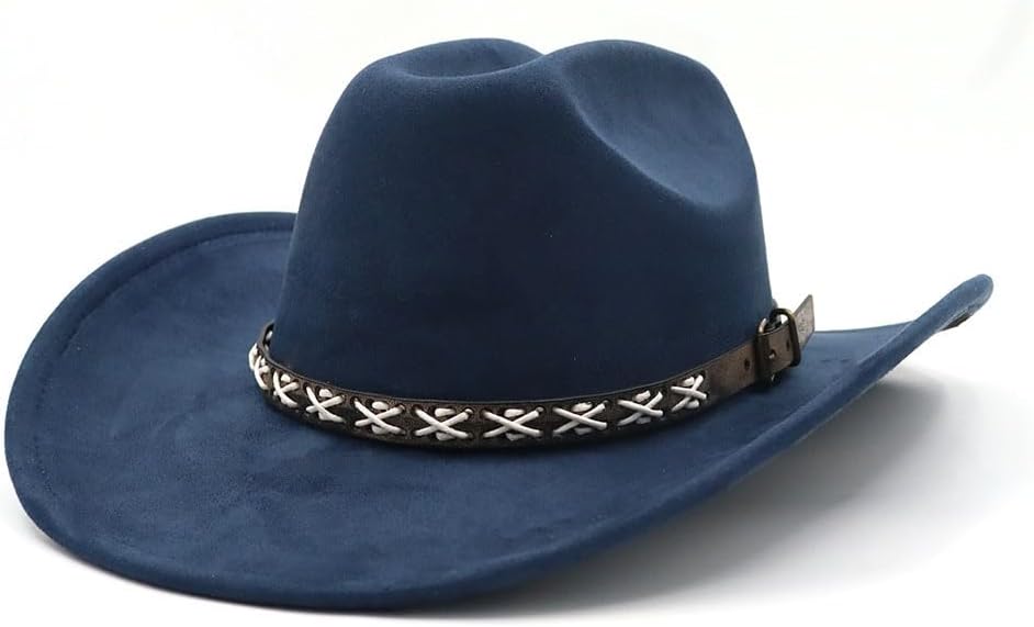 Western Suede Cowboy Hat for Women Men Wide Brim Classic Cowboy Cowgirl Hat with Buckle Belt Felt Fedora Hat
