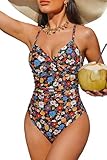 Halcurt Women's Twist Front Push Up One Piece Swimsuit Ruched Tummy Control Full Coverage Bathing Suit Multicolor Daisies XL
