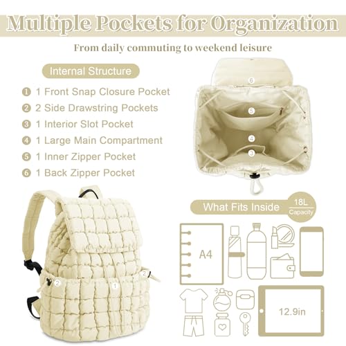Image of izuzta Quilted Puffer Backpack for Women, Lightweight Soft Nylon Quilted Hiker Pack, Trendy Puffy Padding Gym Backpack, Travel Bag for Casual Daypack Hiking Sport (Beige)