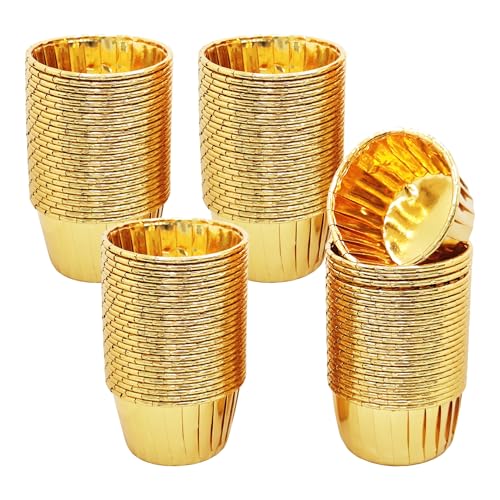 pson 100Pcs 3.5 Oz Cupcake Baking Cups, Disposable Aluminum Metallic Foil Muffin Liners for Baking, Party, Wedding, Holiday(Gold)