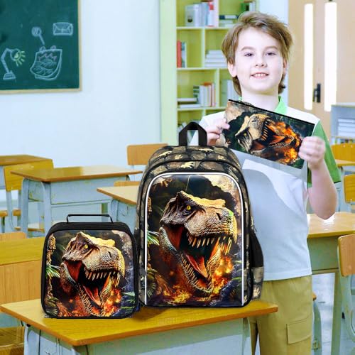 Image of HPJGD 3PCS Dinosaur Kids Bookbag, Water Resistant Boys School Bag Set with Lunch Box, Cool Backpack for Elementary Preschool Toddler - Wall-Breaking T-Rex