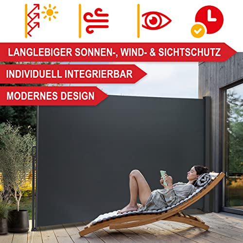 ONBEST Seitenmarkise ausziehbar in 3 Größen – 200x300 cm – 180x300 cm – 160x300 cm – Sichtschutz, Windschutz & Sonnenschutz für Terrasse, Balkon & Garten zum Ausziehen – Sichtschutz (200 x 300 cm)
