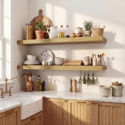 Image of Dreamland 40 Inches Floating Shelves for Wall, 9.3 inch Deep Long Floating Shelves Set of 2, Large Display & Storage Shelf, Wall Shelf for Bathroom Bedroom Living Room Kitchen Office, Oak