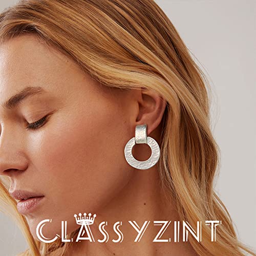 Classyzint Matte Silver Clip On Earrings For Women Handmade Hammered Metal Statement Geometric Drop Dangle Earrings Silver Statement Earrings #TOP6
