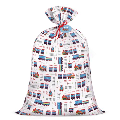 WRAPAHOLIC 56 Extra Large Train Birthday Plastic Gift Bag - Vintage Trains Tracks Jumbo Bike Bag Gift Wrap for Kids Boys Girls Birthday Baby Shower - 56 H x 36 W