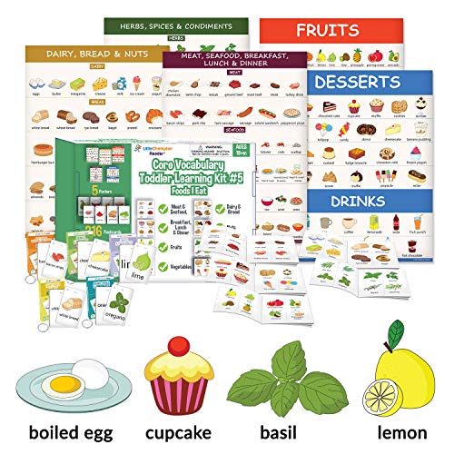 Little Champion Reader Teach Core Vocabulary Toddler Learning Kit 4 (Common Food) - Meals, Fruits & Vegetables, Dairy, Bread, Nuts, Herbs & Spices, Drinks & Desserts
