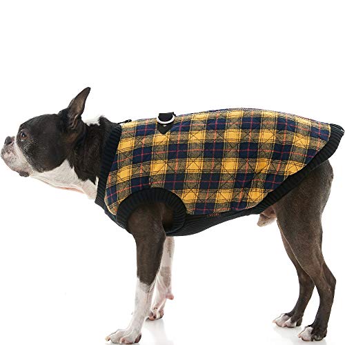Image of Gooby Fashion Vest Check Dog Jacket, Yellow Check, Large | Checkered quilted bomber, water-resistant; Stretch knit bottom; Dual D-ring leash; Pain-free zipper guard