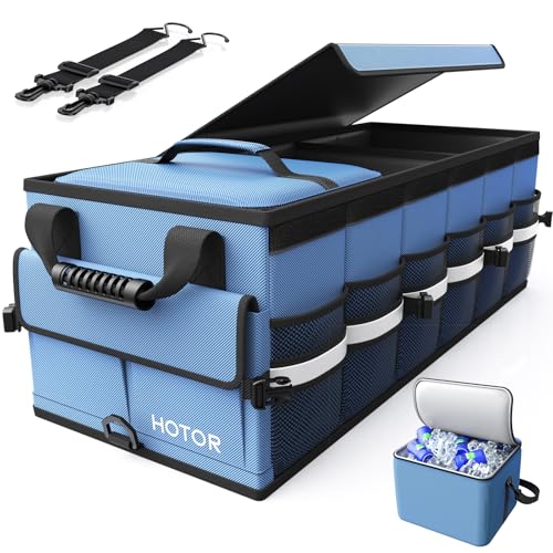 HOTOR Car Trunk Organizer - Trunk Organizer for SUV with Removable Cooler Bag, Foldable Cover, 3 Compartment Car Storage Essential Car Accessories for Truck, Van & Sedan, Blue, 33.1