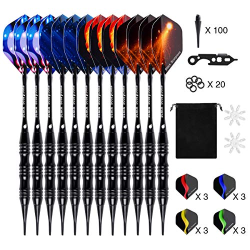 JOLVVN Lot de 12 fléchettes professionnelles en acier 22 g Flèches en acier avec 100 pointes métalliques et 20 anneaux en caoutchouc