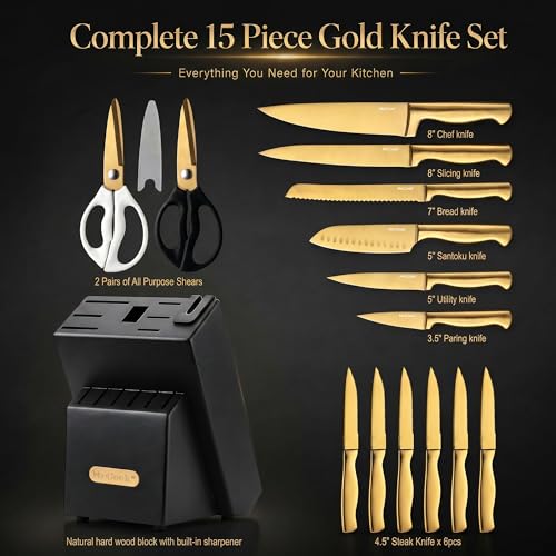 Image of McCook Knife Sets, Golden Titanium Stainless Steel Kitchen Knife Block Sets with Built-in Sharpener, 15 Piece Knives, Restaurant Grade Sharp, Elegant Gold & Stylish Wooden Block for Modern Culinary