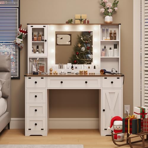 DICTAC 43'' Farmhouse Makeup Vanity Desk with Mirror, Lights, and Charging Station - White