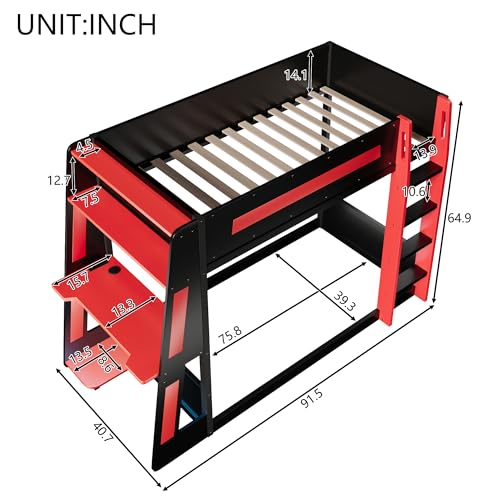 Image of GDFStudio Twin Over Twin Bunk Bed Frame with Desk, USB and LED Light, Solid Wood Gaming Bunk Twin Bed with Storage Shelves, High Loft Bed Twin Size with Under Entertainment Space, Black+Red