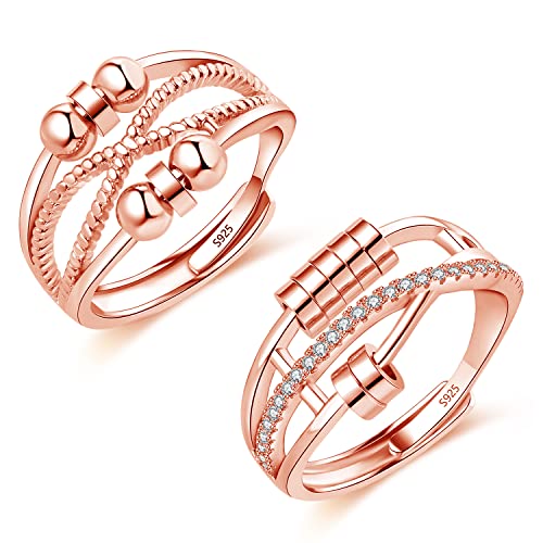 Cangall Silber Anxiety Rings, 2PCS 925 Sterling Silber Damen Angst Rings Set, Offen Einstellbar Anti-Angst Ring Rose Gold, Unendlichkeit Stressring Dekompressionsringe, Zappelring Spinner Fidget Ring