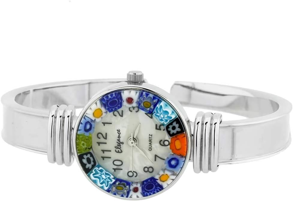 Glass Of Venice Murano Glass Watch Multicolor Millefiori Face Metal Bangle Bracelet for Women - Handmade in Italy