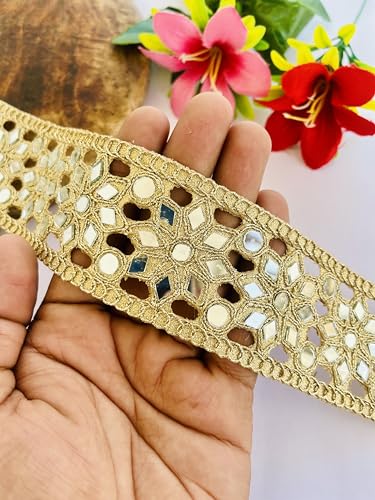 Galon de dentelle florale dorée à miroirs broderie indienne Zari pour customisation de robe - 7