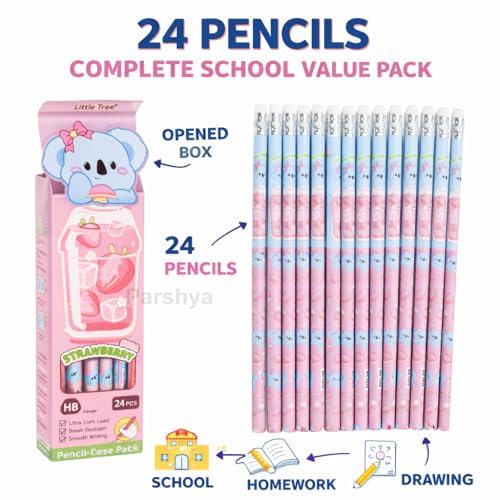 Image of KiddieWorld Cute Cartoon HB Pencils for Kids (24 PCS) with Storage Case, Dark Writing Break Resistant Lead, Triangle Grip School Pencils for Writing Drawing Homework Return Gift Set