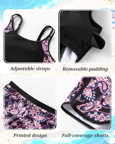 Image of Teen Girls Tankini Swimsuit Adjustable Straps Modest Bathing Suits Girl 2 Piece Swimwear with Shorts 7-16 Years