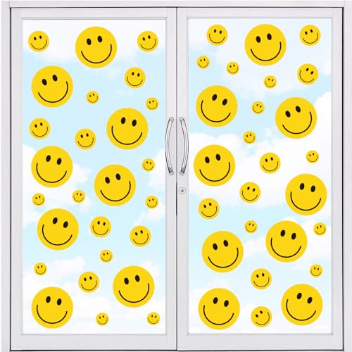 Image of Whaline 9 Sheets Happy Smile Face Window Clings Cute Yellow Happy Face Window Decal Double-Sided Cartoon Glass Stickers Reusable for Home School Office Nursery Decor