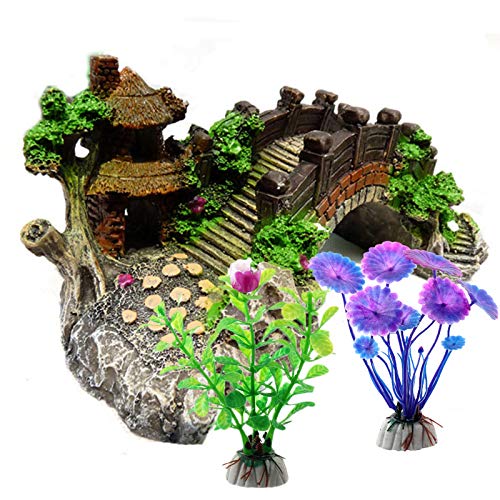 ODOOKON Aquarium Decoration Plantes Pont coloré Pavillon Arbre Rocaille, 2 Pièces Plantes d'aquarium Plastique Décoration et Rocher Polyrésine Grotte Ornement Decoration
