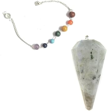 Rainbow Moonstone Faceted Chakra Pendulum for Foretelling The Future with a Satin Bag & Instruction Leaflet for Divination