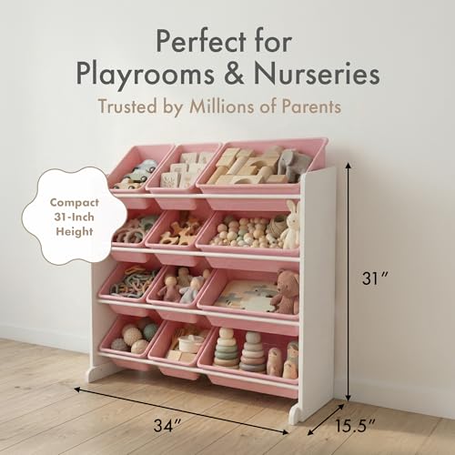 Image of Humble Crew Toy Storage Organizer with 12 Removable Storage Bins for Kids Playroom, 4-Tier Toddler Toy Organization, White /Pink
