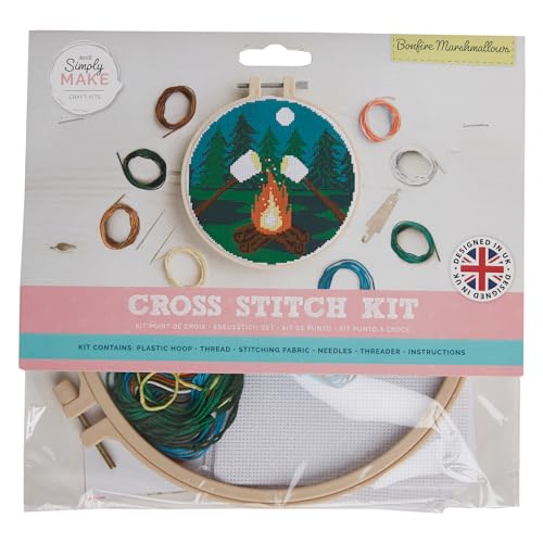 Simply Make Cross Stitch Kit, Bonfire Marshmallows for Kids and Adults Including Hoop, Embroidery Thread, Fabric and Needle