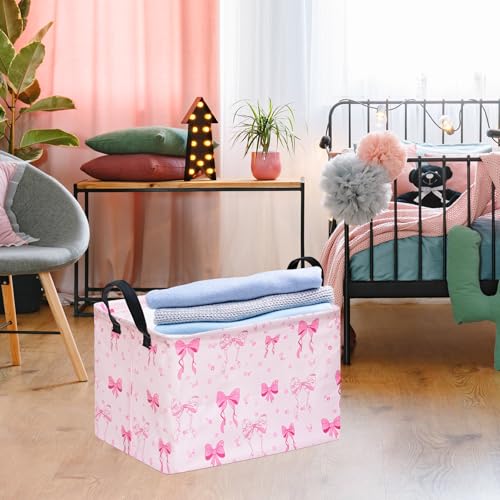 Image of Gift Toy Storage Basket for Girls, Storage Organizer for Nursery Hamper Home Bedroom Laundry Hamper Shelf Baskets Pink Bowknot Pattern