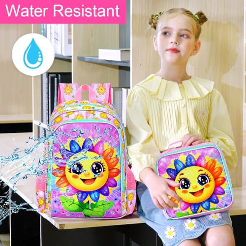 Image of AGSDON 3PCS Backpack for Girls, 16 inch Kids Backpacks Set for Elementary Preschool Kindergarten, Sun Flower Bookbag with Lunch Box