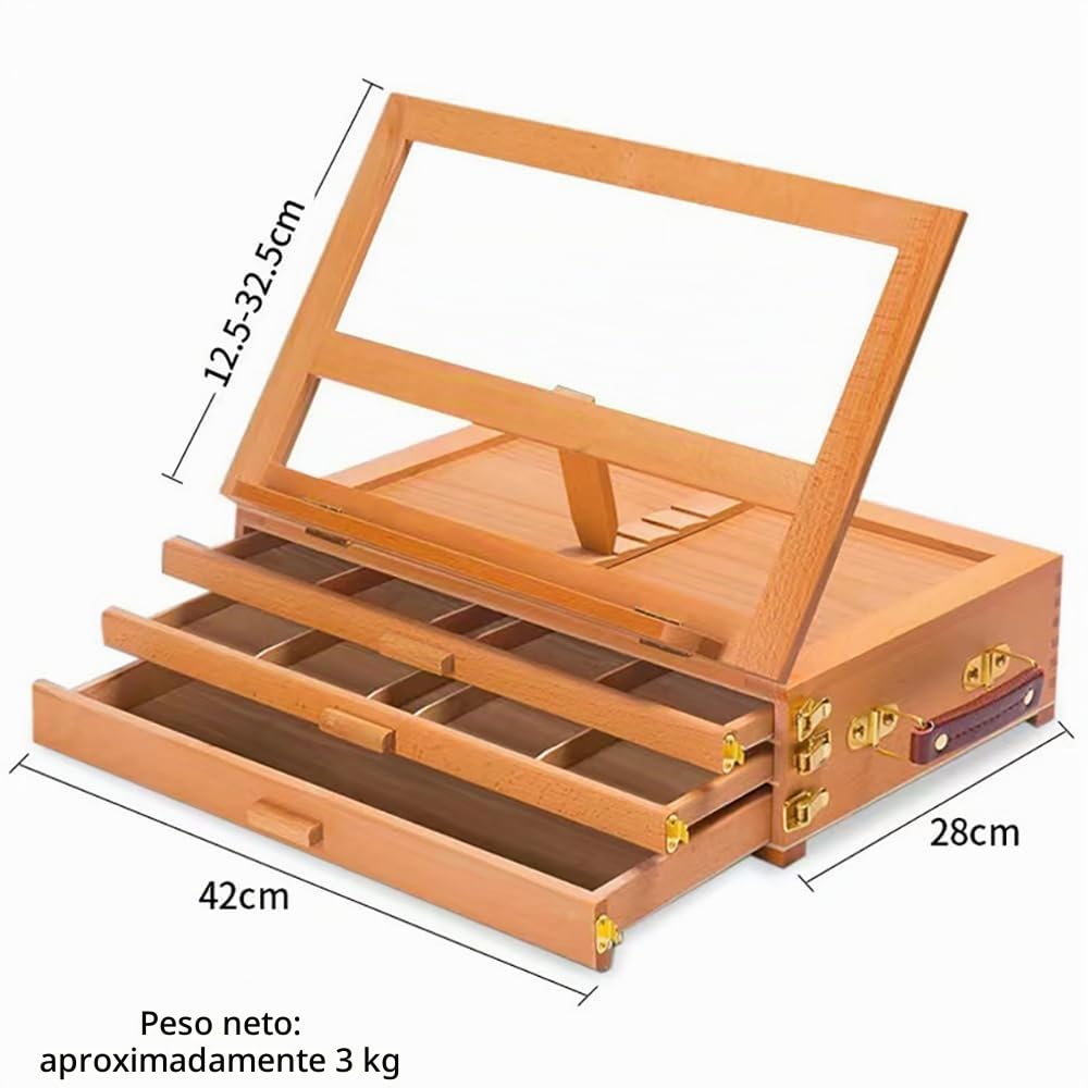 Caballete De Mesa,Caballete De Escritorio Portátil De En Madera De Haya Ajustable, Con 3 Cajones, Adecuado Para Pintura y Dibujo, Ideal Para Adultos, Artistas y Principiantes