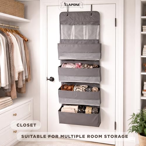 Image of CLAPONE Over the Door Organizer /Large Pockets - Anti-Tilt Hanging Storage for Bedroom /Closet Door Storage /Bathroom /Pantry /Nursery /Bedroom (Grey, 4 Shelf Hanging Door)