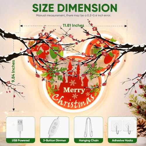 Image of Christmas Mouse Ear Neon Sign for Wall Decor - Dimmable LED Festive Castle Light with USB Power - Xmas Holiday Decoration for Home, Bedroom, Kids Room, Fireplace (11.81 inch x 9.84 inch)