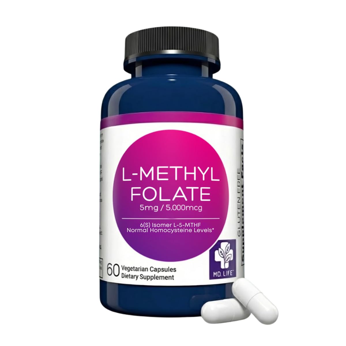 MD Life L-Methylfolate 5 mg Supplement - Professional-Grade Active L Methylfolate Supplement - 60 Capsules - L-Methylfolate 5mg - Maximum Potency MTHFR W/Essential Amino Acids