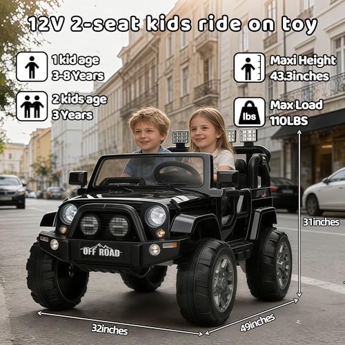 Image of Kids 2-Seater Ride on Toy Car, 12V Kids Electric Car with Remote, 110LBS Load, 2WD, Music, Safety Belt, Soft Start (Black)