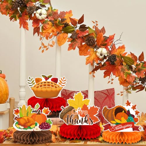 Image of 9 Pieces Thanksgiving Honeycomb Centerpieces Table Decor, Turkey Pumpkin Cornucopia Harvest Fall Party Table Topper Ornaments Signs, Fun Autumn Holiday Decorations