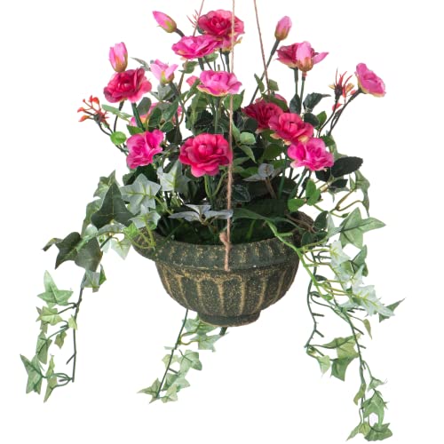 Ivydale Artificial Hanging Rose Flowers In Basket, Artificial Hanging Plant In Coconut Lining Basket, Silk Mini Rose Flower Arrangement For Home Decoration Outdoor Indoor Garden Yard #TOP25