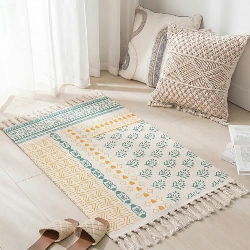 Boho Teppich klein 58 x 88 cm, Baumwolle Teppich Waschbar mit Quasten, Schmaler kleiner Baumwollteppich für Wohnzimmer Schlafzimmer Flur… – Ansicht 1