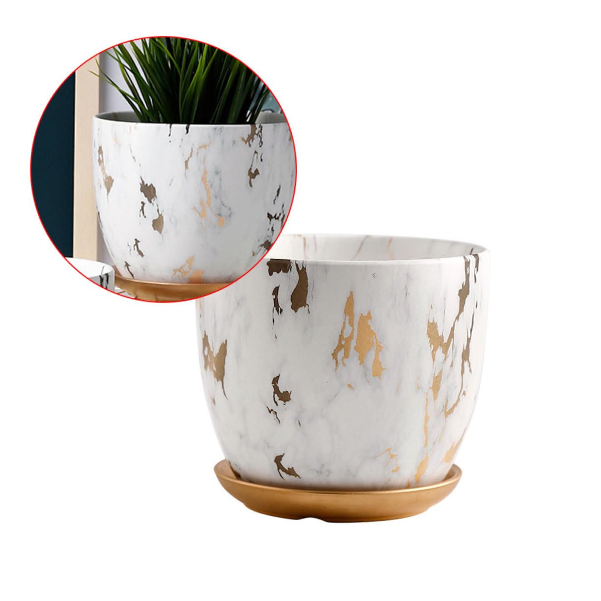 BESPORTBLE Vaso in Ceramica Motivo Marmorizzato Bianco, Contenitore per Piante Grasse e Cactus, Design Creativo Rotondo per Decorazioni di Giardino e Regalo per Appassionati di Piante