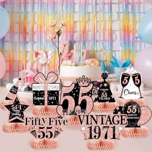 Image of 9Pcs 55th Birthday Decorations Honeycomb Centerpieces for Women, Rose Gold Pink Happy 55th Birthday Centerpieces Tables Toppers Party Decorations Supplies, Vintage 1971 Aged Table Sign Decor
