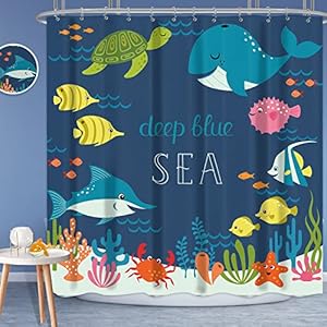 Cdcurtain Deep Ocean Douchegordijn 12-Pack Metalen Haken 12-pack Panel Zee Schildpad Dier Grappige Douche Vis Blauw Zee…