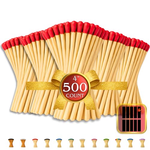 Image of 500 Count | 4 inch RED Matches | Strikers Included | Color Tip Wooden Match | Refill for Matchstick Jars, Cloche Display, Holders & Bottles | 4 in inches Long
